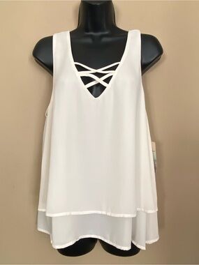 Lily White Ivory Layered V-Neck Crisscross Tank